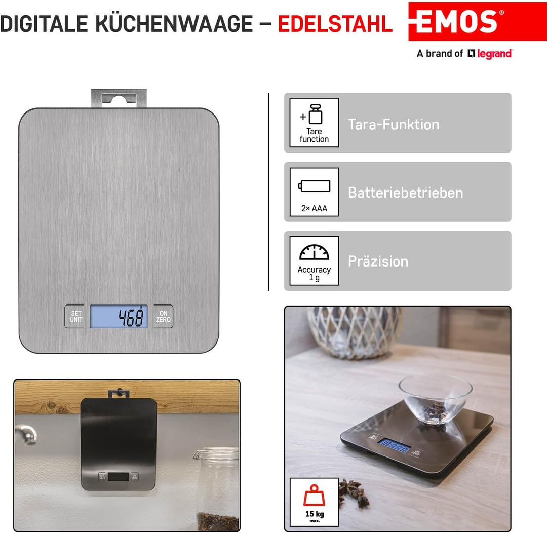 EMOS EV023 Küchenwaage aus Edelstahl mit Wandaufhängung/Digitalwaage mit beleuchtetem LCD Display/Ta