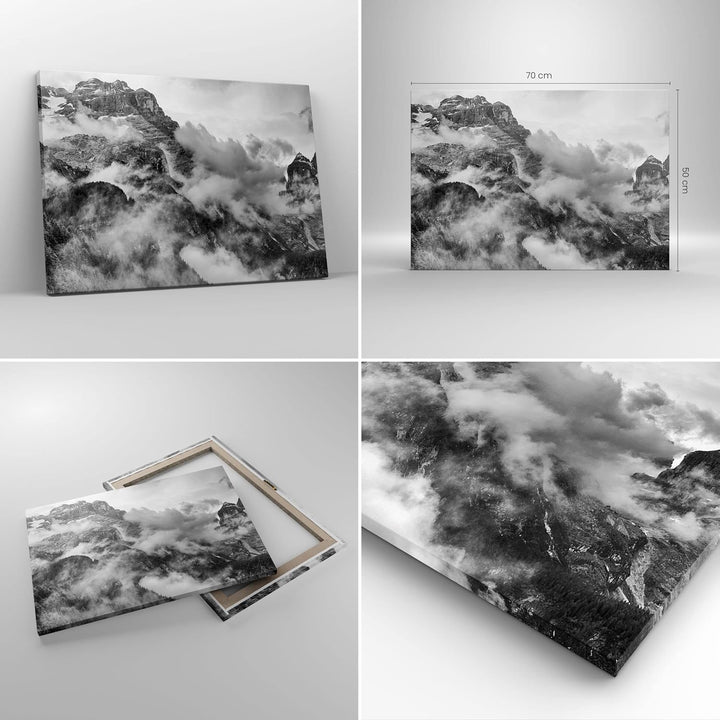 Bilder auf Leinwand Berge Nebel Gipfel Leinwandbild mit Rahmen 70x50cm Wandbilder Dekoration Wohnzim