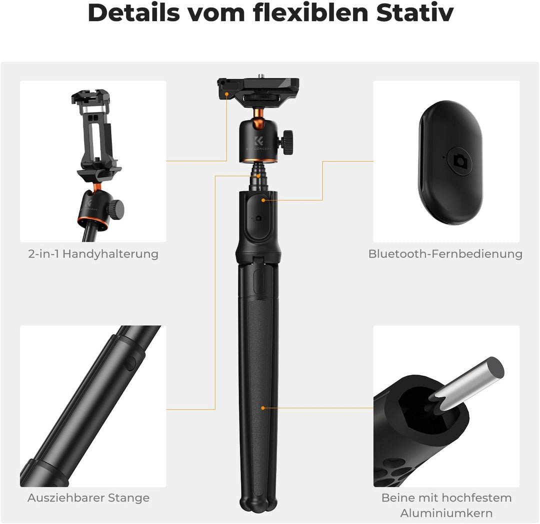 Handy Stativ,K&F Concept Flexibles Stativ für Smartphone & Kamera,MS29 Einziehbarer Selfie Stick,Min