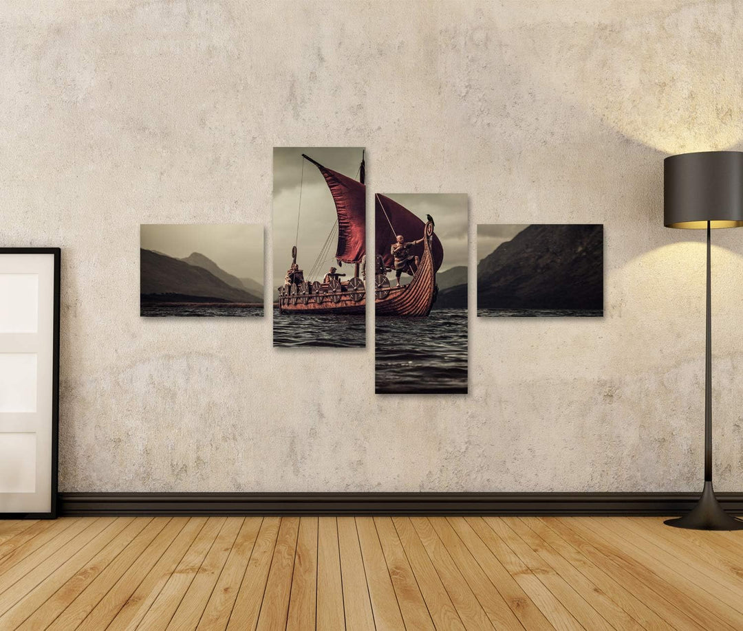 islandburner Bild auf Leinwand Gruppe Von Wikingern Auf Dem Meer Auf Drakkar Mit Bergen Im Hintergru