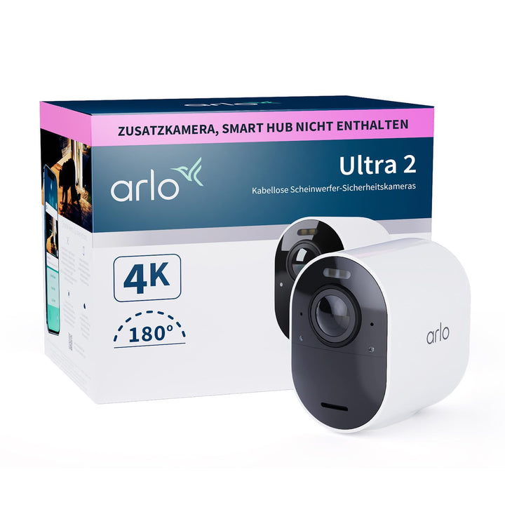 Arlo Ultra 2 Überwachungskamera Aussen WLAN, Kabellos, 4K UHD Qualitätsprodukt, 180° Sichtfeld, Spot