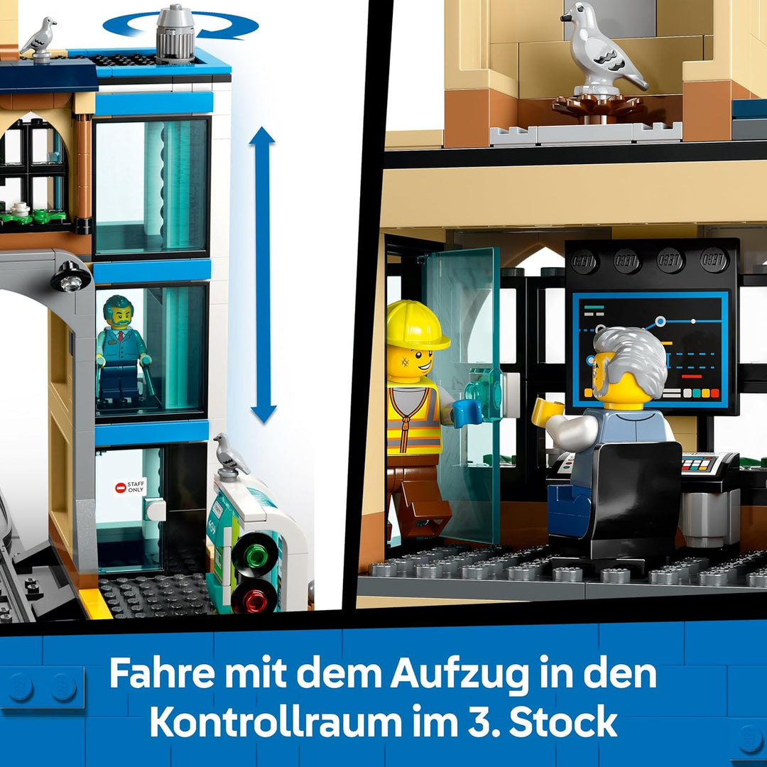 LEGO City Trains Hauptbahnhof - Wartungsfahrzeug-Spielzeug, funktionierendem Hublift, 2 Plattformen