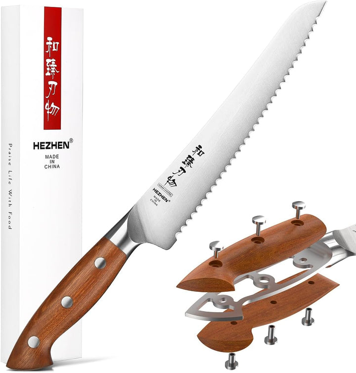 HEZHEN 21,5 cm Gezahntes Brotmesser, Rostfreier Stahl Wellenschlif Kuchenmesser, Gezackte Klinge Säg