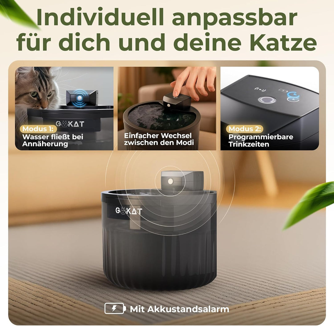 GoKat – Katzenbrunnen kabellos mit Bewegungsmelder und Akku 2500 mAh mit Sensor; Trinkbrunnen für Ka