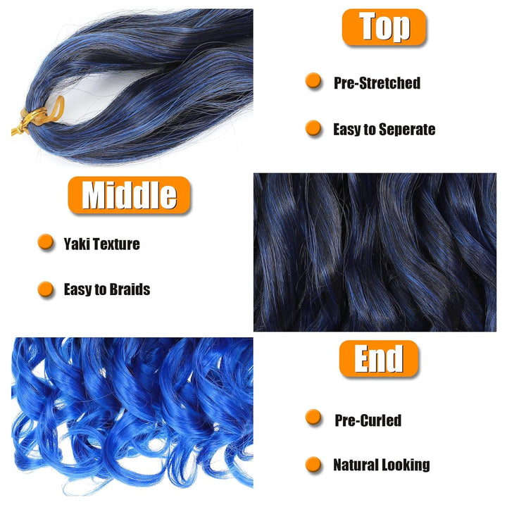 French Curl Braiding Hair 24 Inch 8 Packs Loose Wavy Braiding Hair Pre Stretched 1B/Blue 75g/Pack Cu
