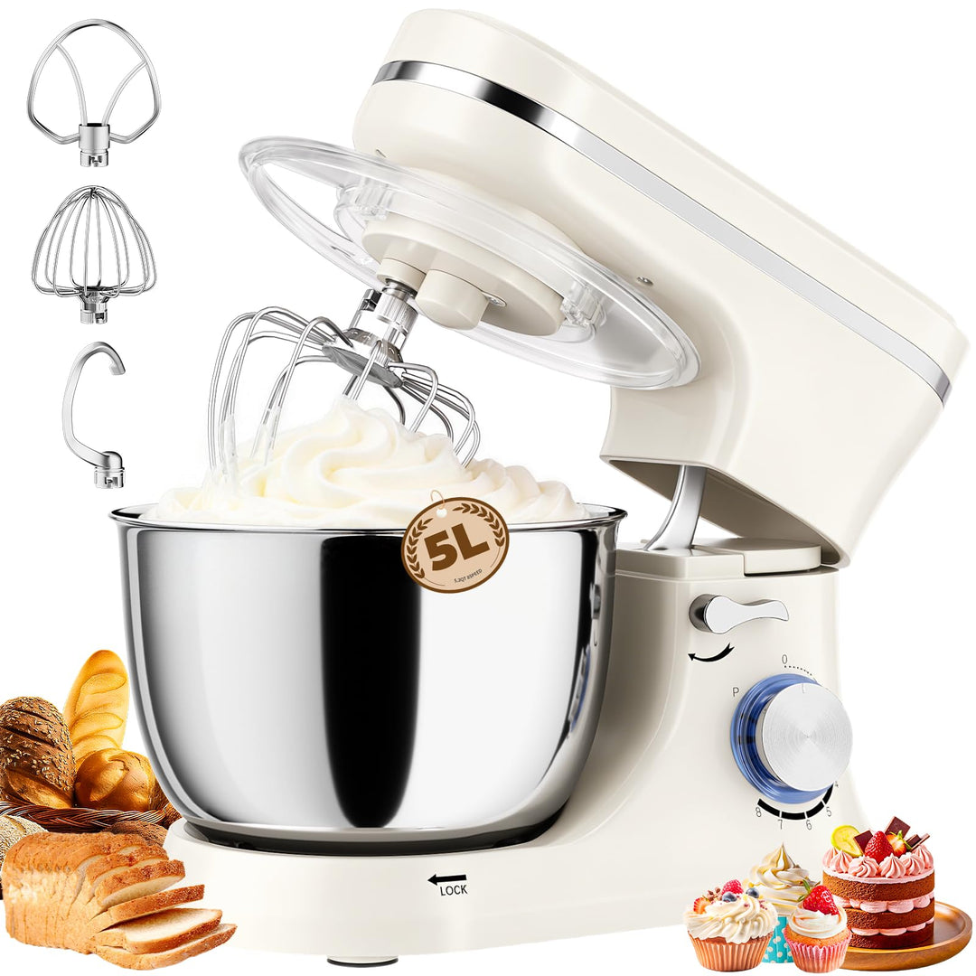 Küchenmaschine 5L – Knetmaschine mit 1000W, 8+ P Geschwindigkeiten, 3 Rührwerkzeuge, Spritzschutz, T