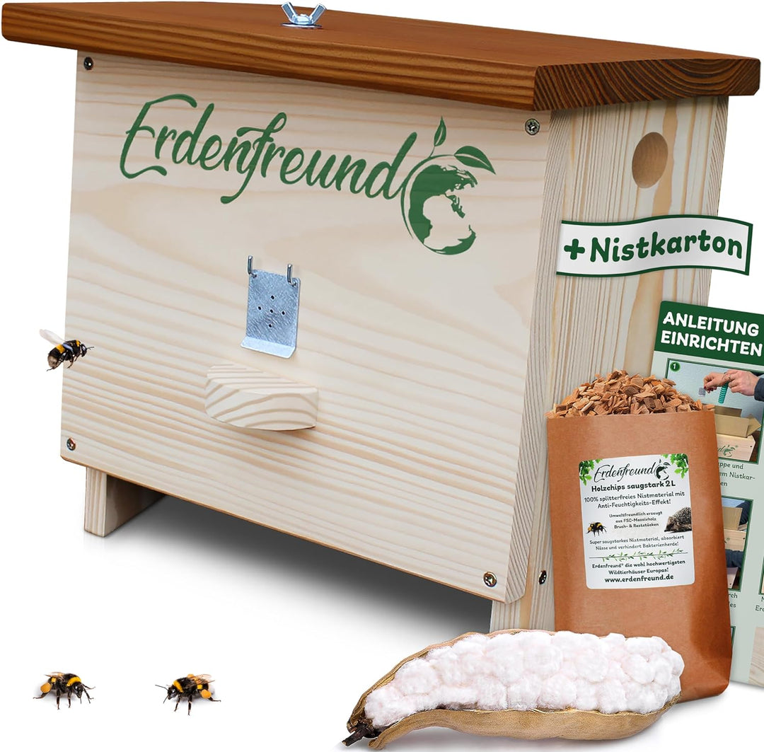 Erdenfreund® Hummelhaus mit Wachsmottenklappe + Fester Verschluss Räuberschutz Hummelhotel inkl. Nis