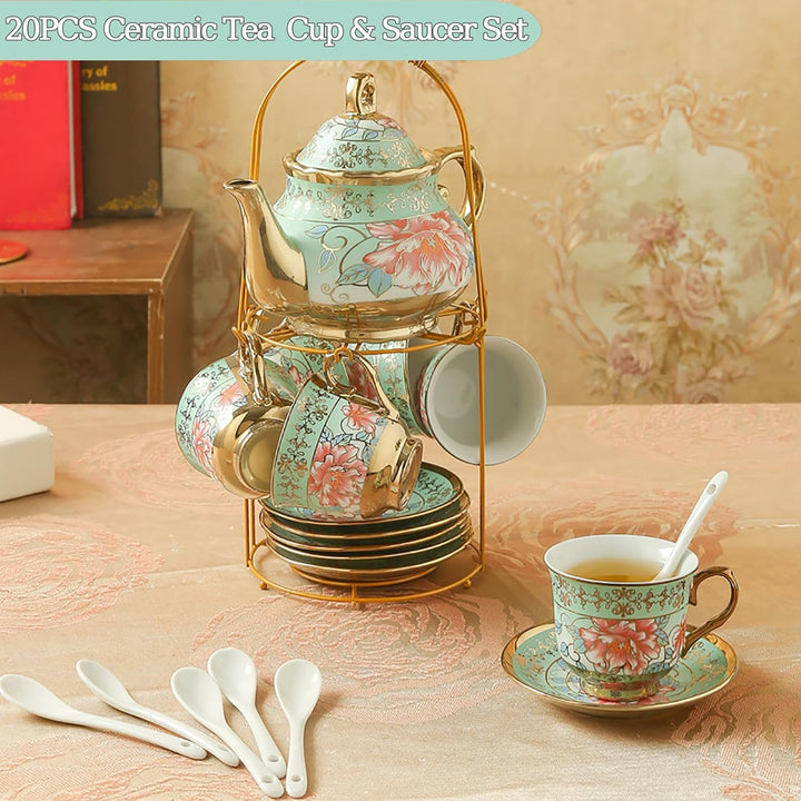Porzellan Europäisches Teeservice,20 Teilig Keramik Kaffeeservice,Blumen Teeservice am Nachmittag,Po