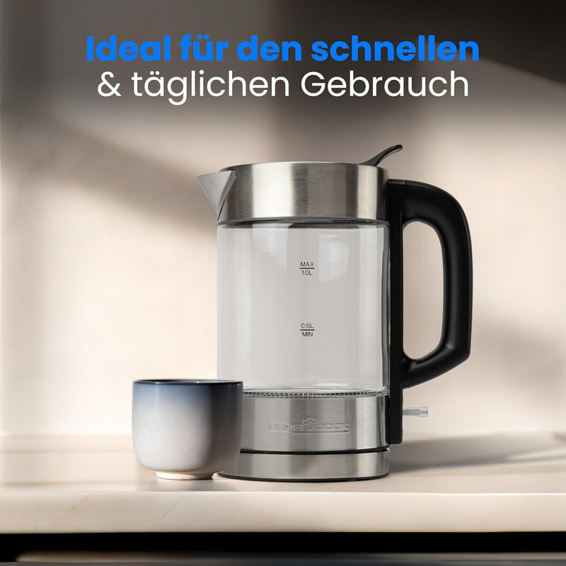ProfiCook Wasserkocher Glas Edelstahl mit LED Beleuchtung 1 Liter, hitzebeständiger Glaswasserkocher