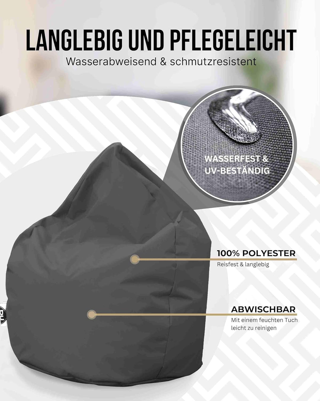 PATCH HOME Sitzsack Tropfenform - 3 Grössen - 25 Farben XL - Höhe 105cm, Durchmesser 65cm Anthrazit,