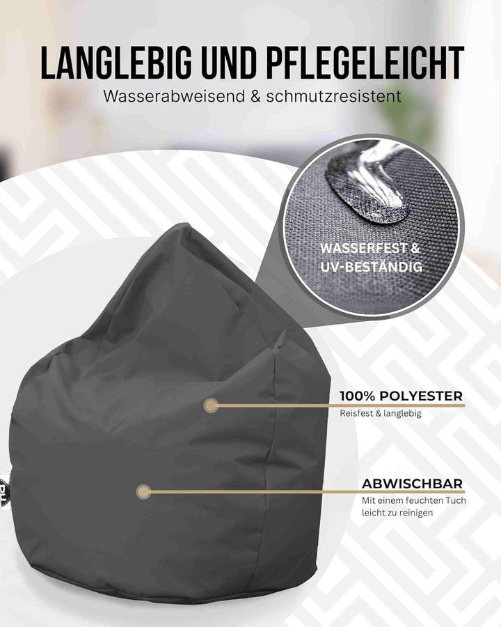 PATCH HOME Sitzsack Tropfenform - 3 Grössen - 25 Farben XXXL - 125cm, Durchmesser 105cm Anthrazit, X