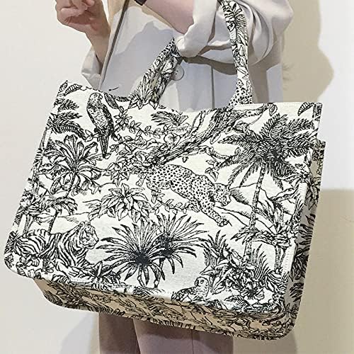 NCDUANSAN Grosse Kapazität Handtasche Leinen Baumwolle Blume Stickerei Retro Exquisite Doodle Mode E