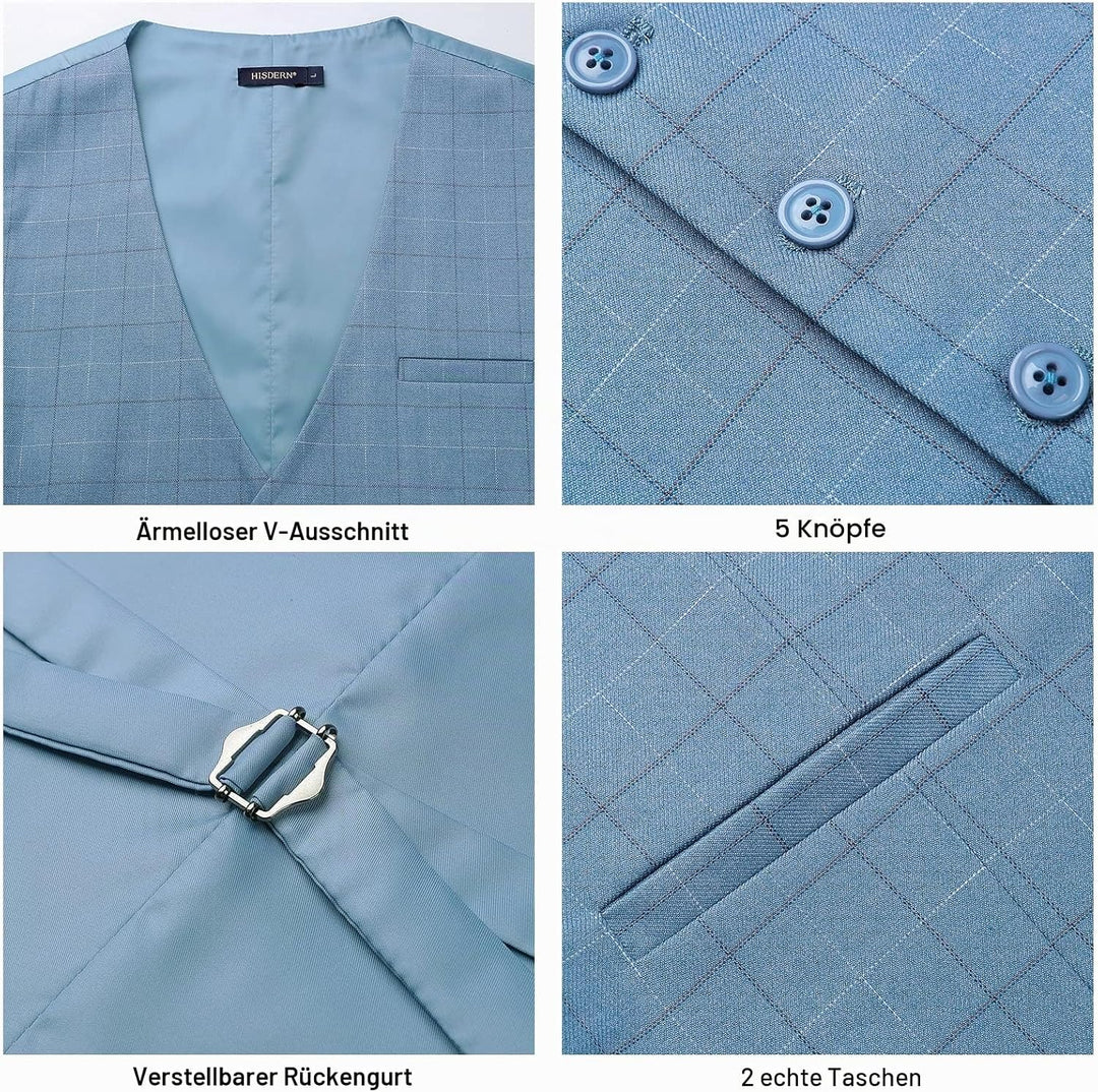 HISDERN Manner Formale Hochzeitsfeier Weste Baumwolle Plaid Kleid Anzug Weste für Herren Hellblau L,