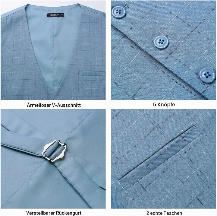 HISDERN Manner Formale Hochzeitsfeier Weste Baumwolle Plaid Kleid Anzug Weste für Herren Hellblau L,