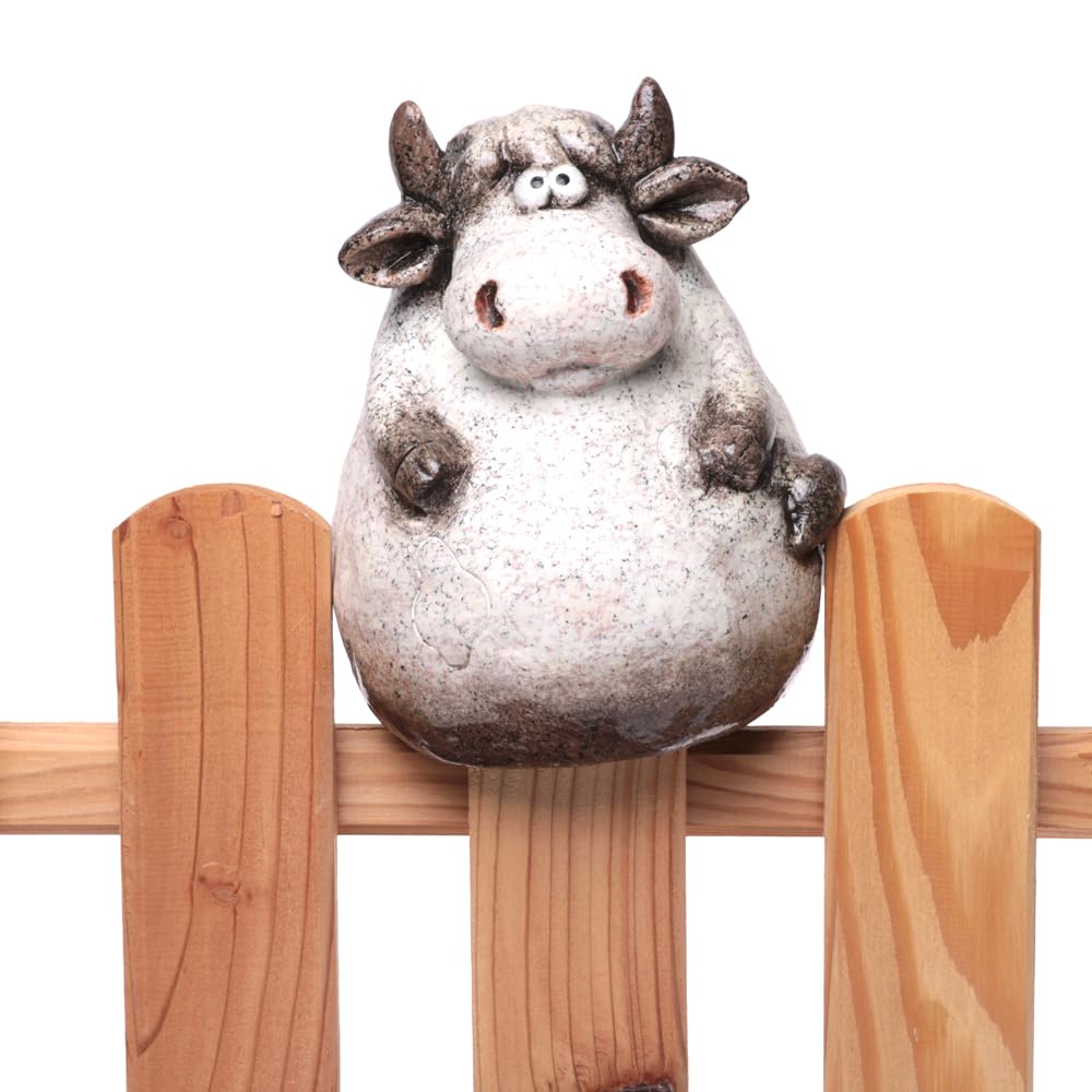 Zaunhocker Dicke Kuh braun-Weiss H:16 cm aus Keramik - Zaun Deko Garten Kühe, Tierfigur Pfostenhocke