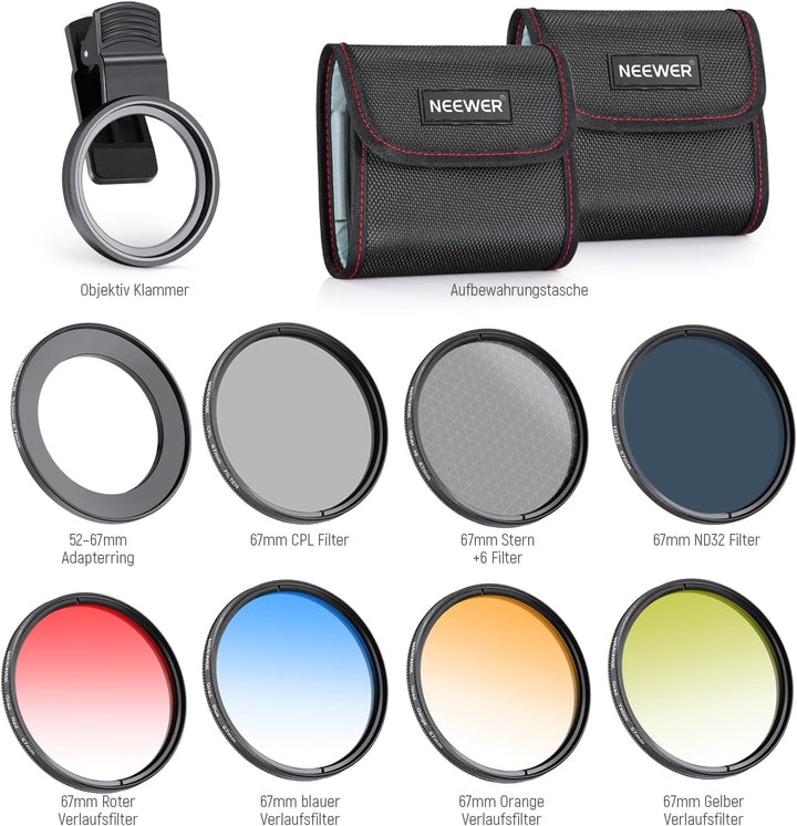 NEEWER 67mm ND+CPL+Effekt Filter Set mit Handy Phone Objektiv Klammer, Polfilter ND32, 6 Punkt Stern