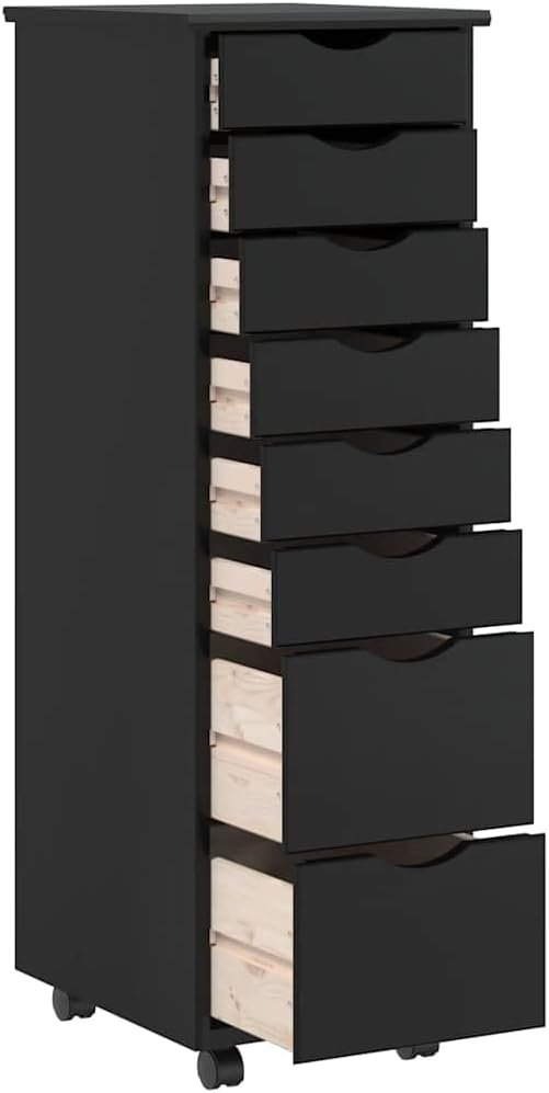 vidaXL Rollschrank mit Schubladen Moss Schwarz Massivholz Kiefer Schwarz 34 x 39 x 103 cm, Schwarz 3