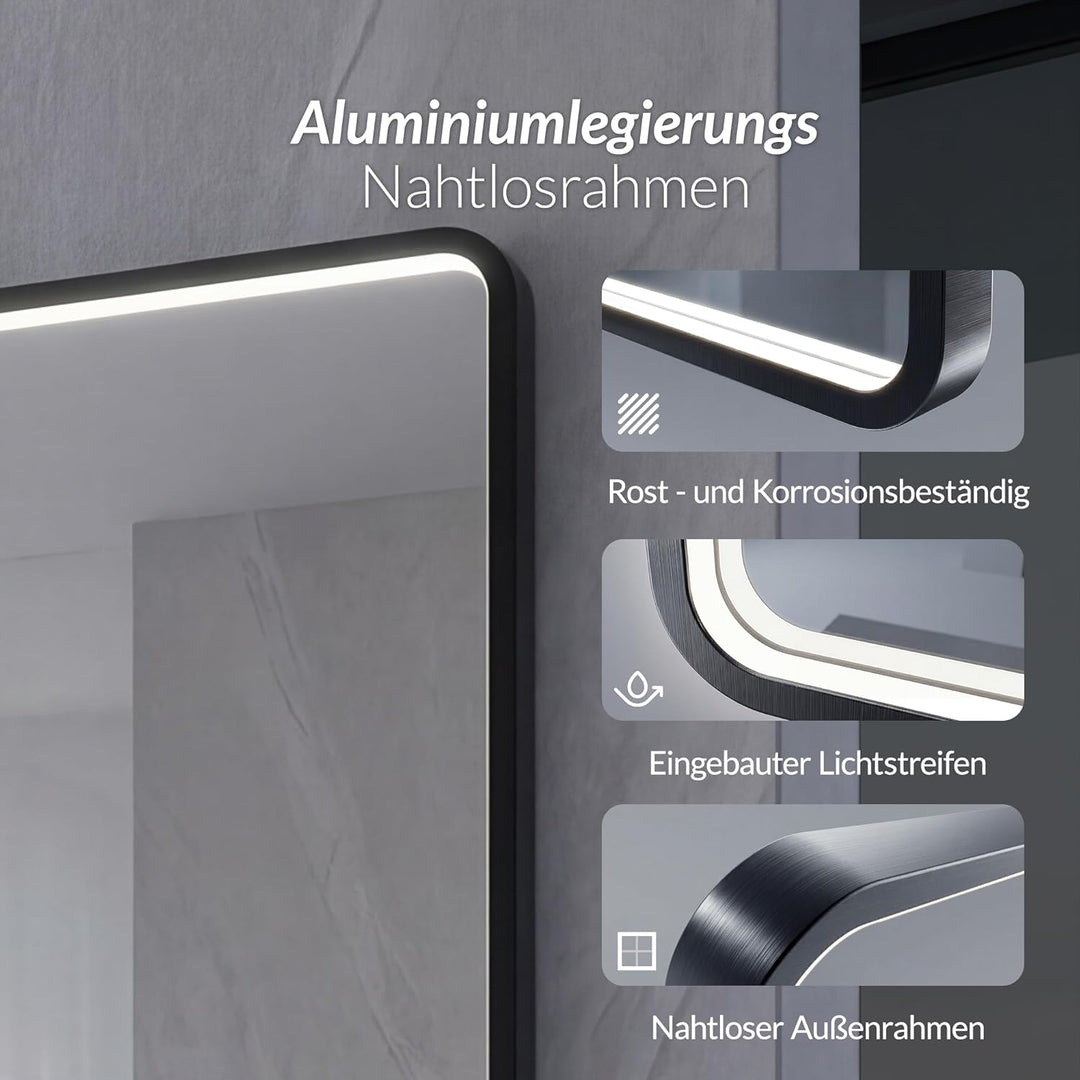 LED Badspiegel mit Aluminiumrahmen &amp; Bluetooth, HD Silber-Spiegel | 3 Lichtfarben Dimmbar Wandspiege