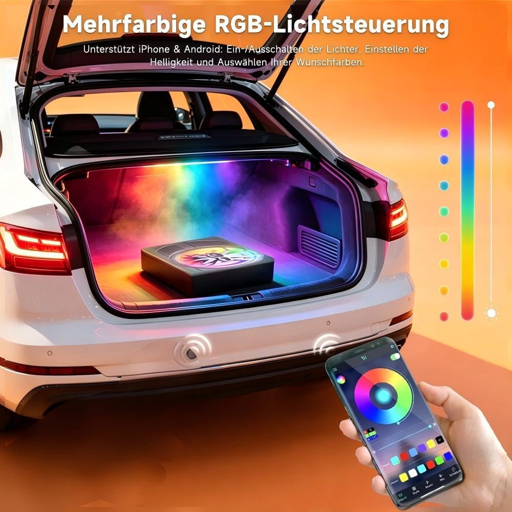 1200W 10 Zoll Slim Aktiv Subwoofer Auto mit APP Steuerung und Farblicht,12V Untersitz Auto Subwoofer