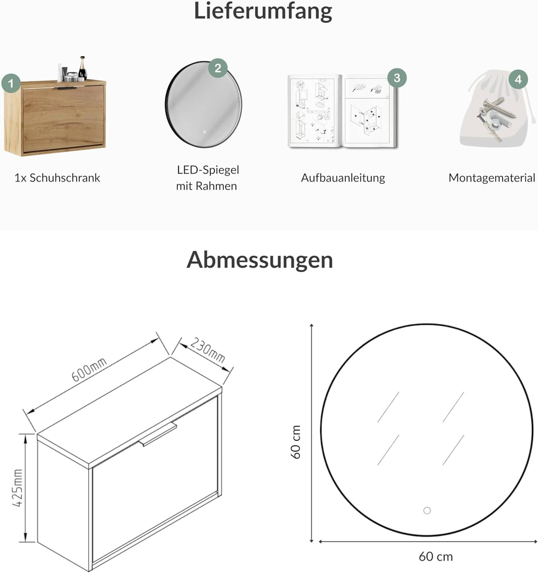 Planetmöbel Schuhschrank schmal inkl. runder Spiegel mit Beleuchtung 60 cm (3 Lichtstufen) Schuhkomm