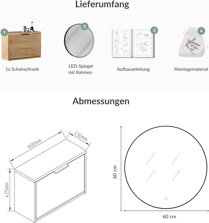Planetmöbel Schuhschrank schmal inkl. runder Spiegel mit Beleuchtung 60 cm (3 Lichtstufen) Schuhkomm