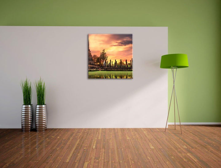 Pixxprint Buddha Tempel im Sonnenuntergang, Format: 70x70 auf Leinwand, 70x70