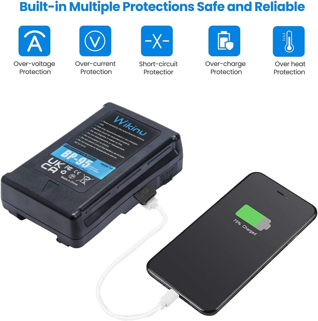 Wikinu 95Wh 6600mAh V-Mount/V-Lock Akku Kompatibel mit Sony Video Kamera Camcorder und Adapter für B