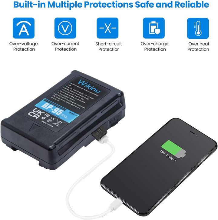 Wikinu 95Wh 6600mAh V-Mount/V-Lock Akku Kompatibel mit Sony Video Kamera Camcorder und Adapter für B