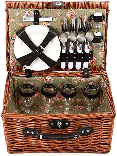 Picknickkorb für 4 Personen Inklusive Bestecksets, Korkenzieher, Weingläser und Keramikteller - 29 x