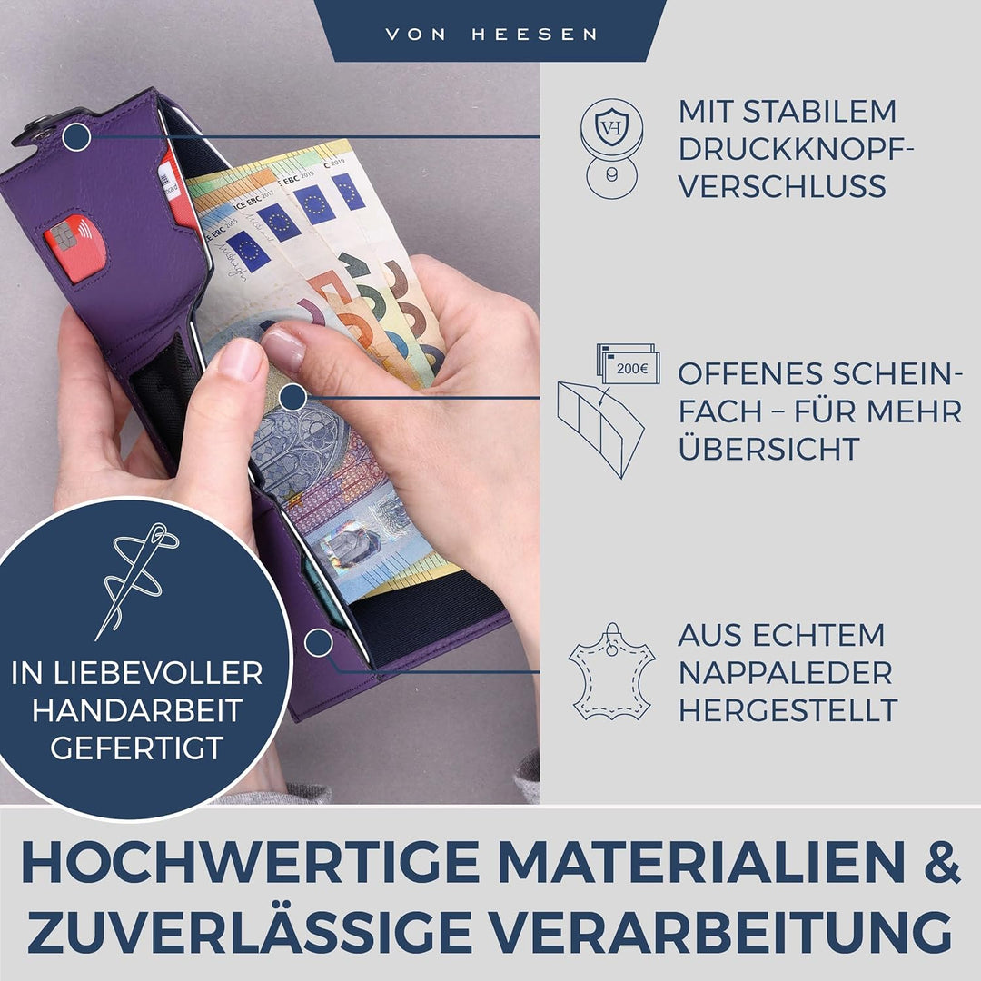 VON HEESEN Slim Wallet mit XXL Münzfach & RFID-Schutz - Leder Geldbeutel - Mini Geldbörse für Herren