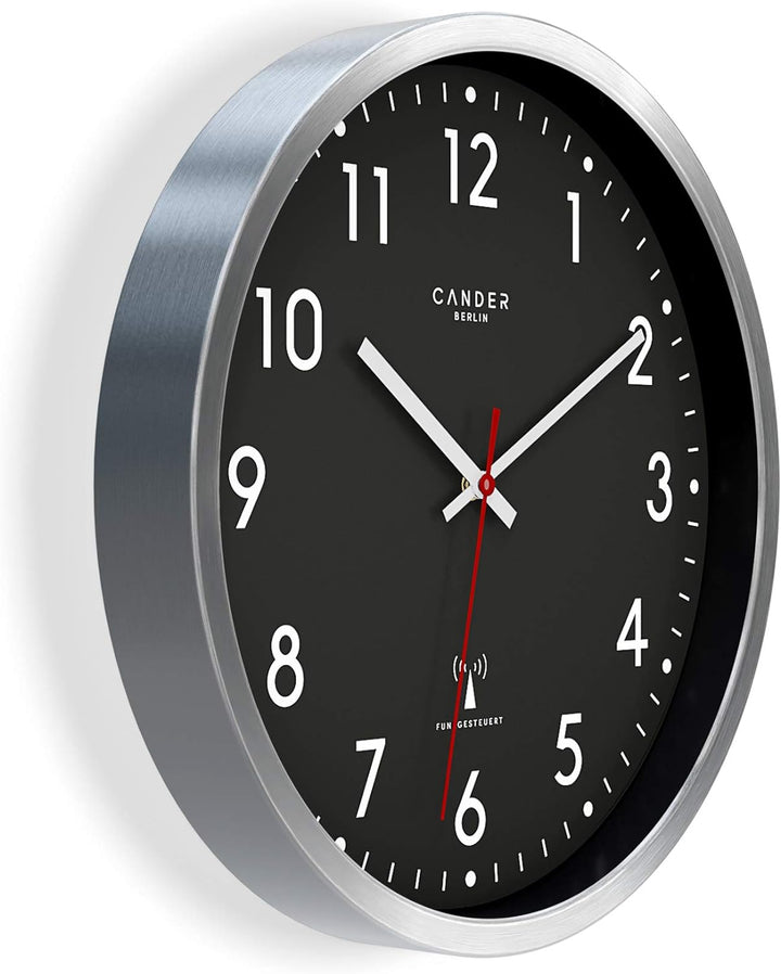Cander Berlin MNU 3030 S Wanduhr Funk lautlos 30,5 cm analog Aluminium geräuschlos schwarz Funkuhr o