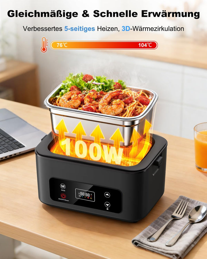 Elektrische Lunchbox, 100W Brotzeitbox Brotdose Gross 1.2L, Kabellos Tragbare Beheizbare Lunchbox El