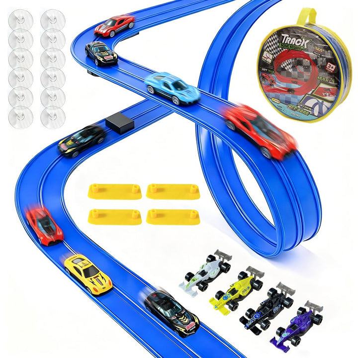 Tragbare Rennbahn für Kinder 5 Meter Flexible Dual-Rennstrecke mit 4 Leichtmetall-Autos, Rampen & Au