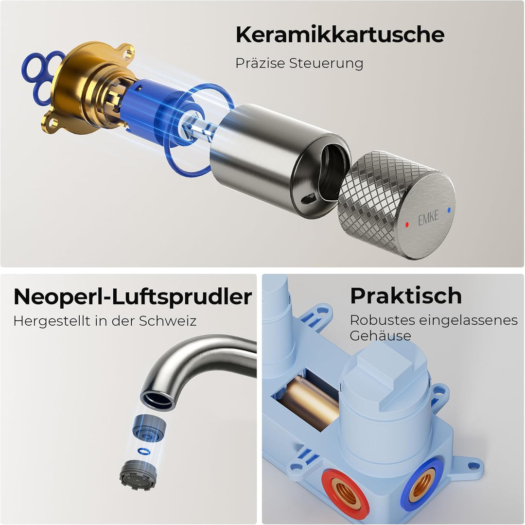 EMKE Waschtischarmatur Unterputz für Wandmontage, Wasserhahn Bad Unterputz, Mischbatterie Waschbecke