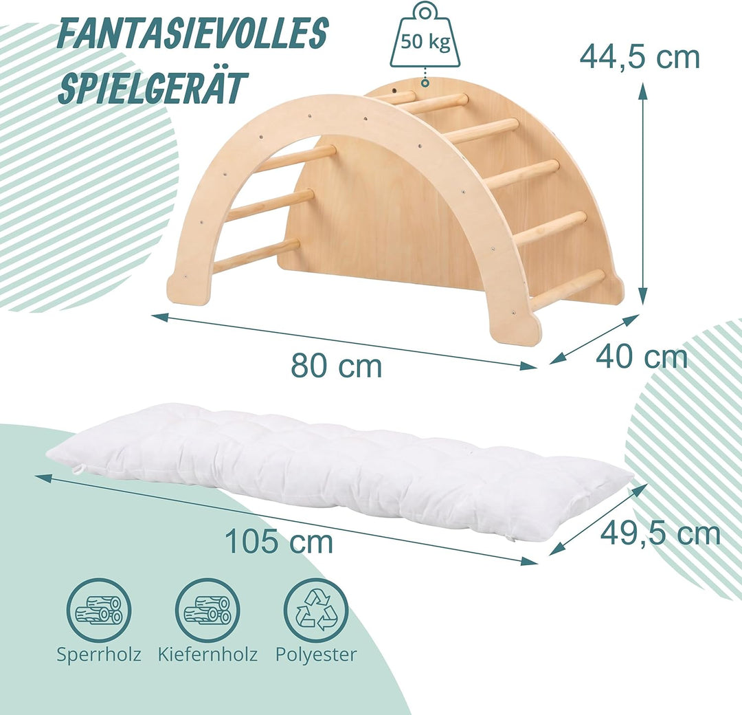 Relaxdays Kletterbogen für Kinder, ab 18 Monaten, Holz, Kissen, 50 kg, HxBxT 44,5 x 80 x 40 cm, Wipp