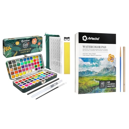 Artecho Aquarellfarben Set 100 Farben in Tragbarer Box mit Aquarellpapier A4 300g 40 Blatt mit Aquar