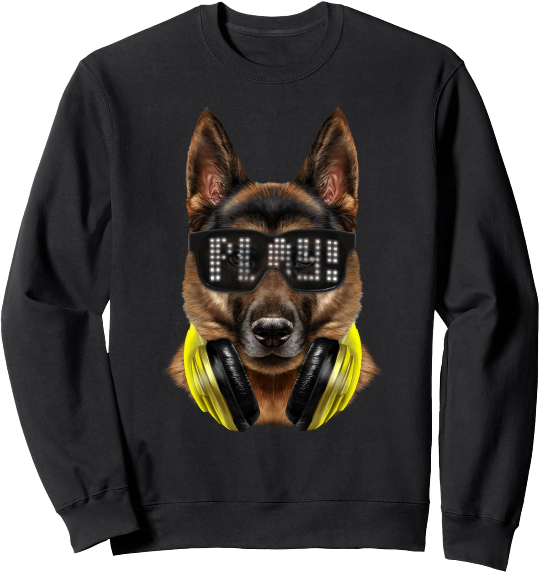 Hund, der Hipster-Sonnenbrille und Kopfhörer trägt Sweatshirt