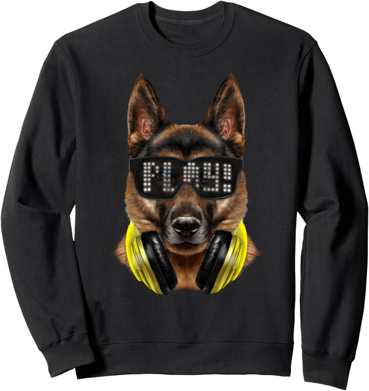Hund, der Hipster-Sonnenbrille und Kopfhörer trägt Sweatshirt
