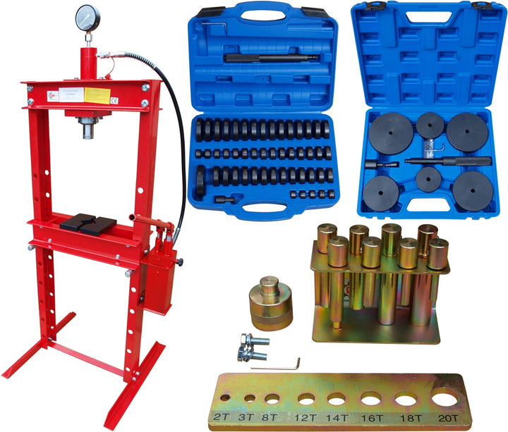 Carmax Werkstattpresse 20T mit 2Pumpen + Druckstück Treibsatz 18-150mm + Druckdornsatz 8tlg.