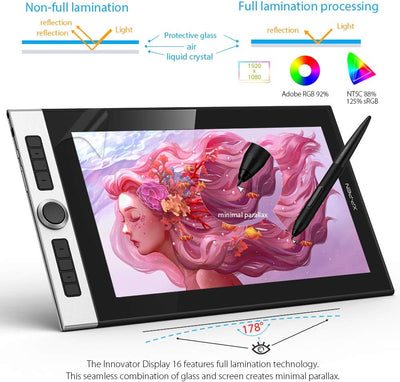 XP-PEN Innovator 16 Grafiktablett, 15,6" volllaminierter Pen Display (1080x1920), 92% Adobe RGB 60°