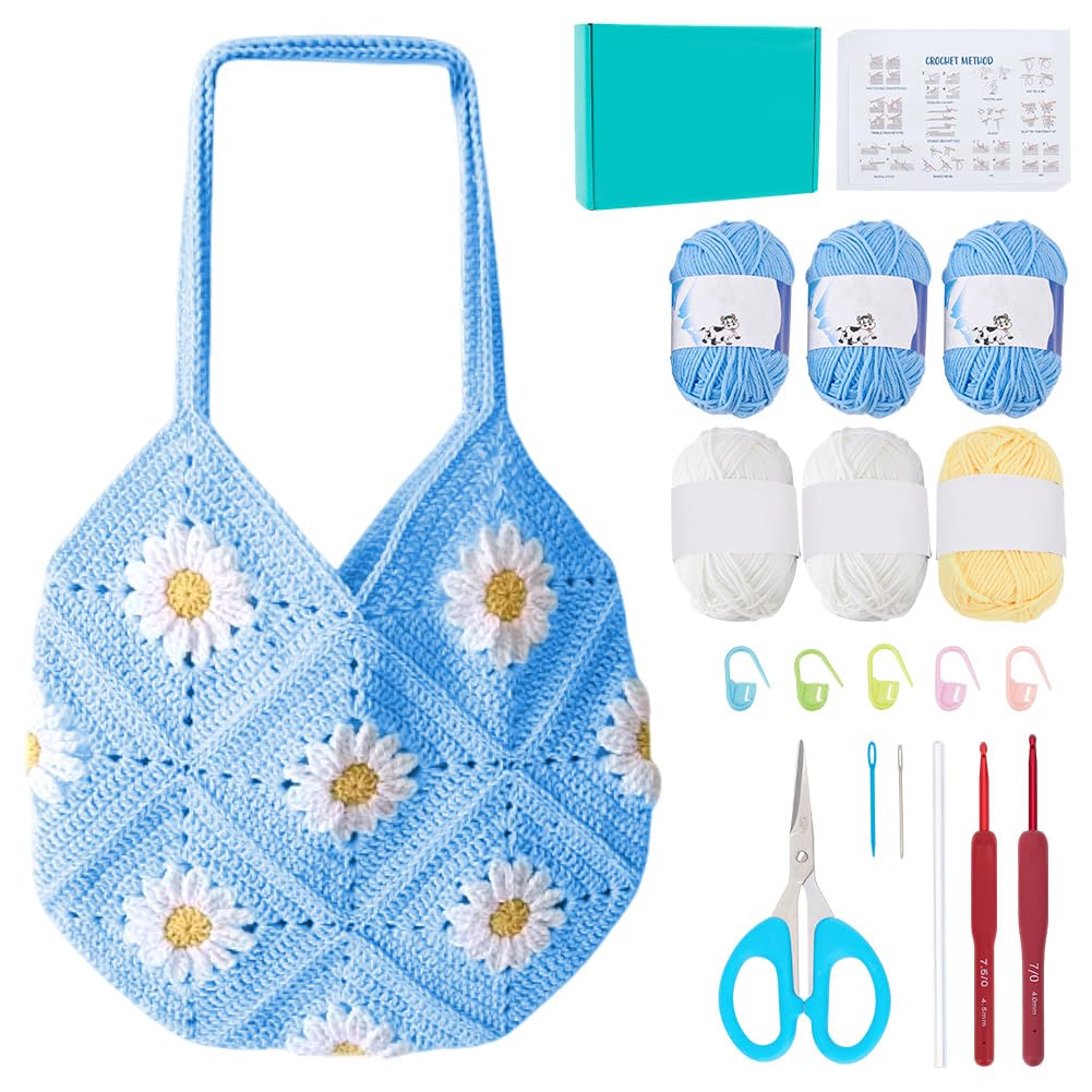 ORIGACH Gänseblümchen Häkelset Für Anfänger, DIY Oma-Quadrat-Tasche Starter Häkelset Für Erwachsene