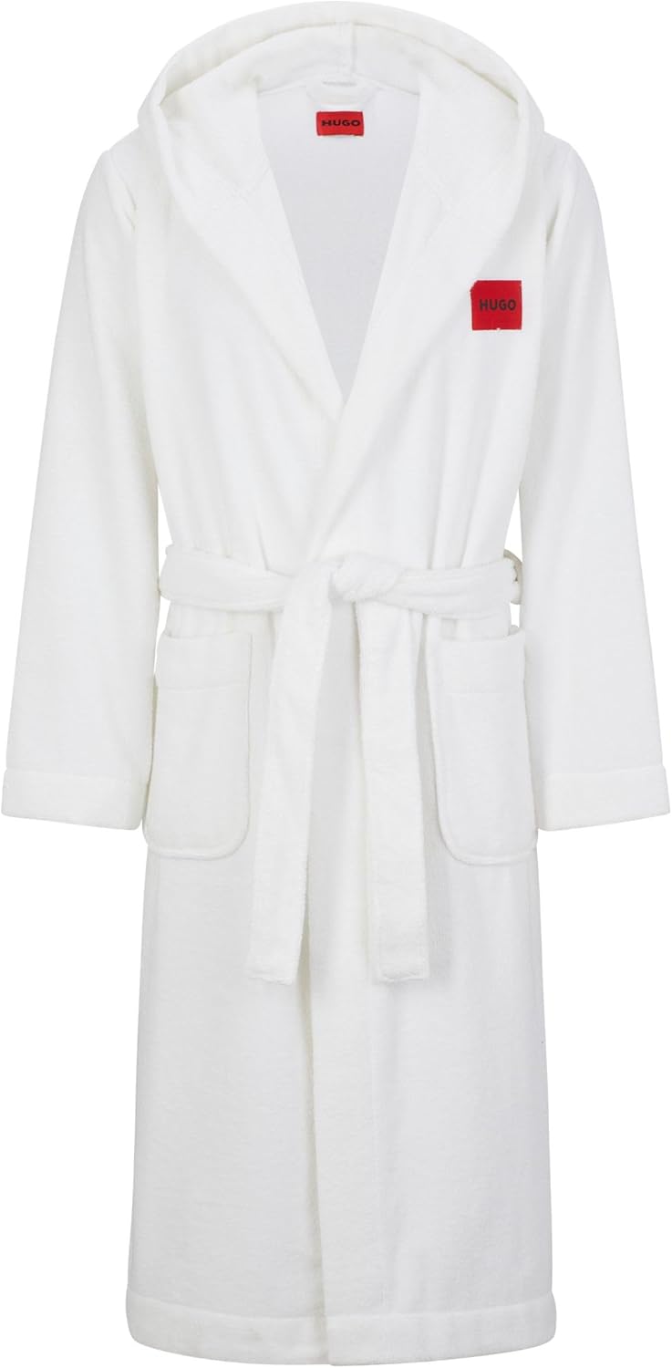HUGO Herren Terry Gown Hooded Morgenmantel aus Baumwoll-Terry mit Kapuze und rotem Logo-Etikett M Wh