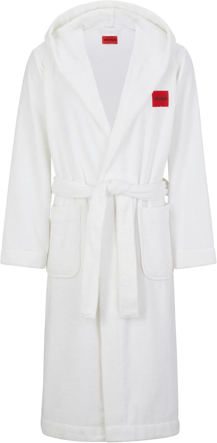 HUGO Herren Terry Gown Hooded Morgenmantel aus Baumwoll-Terry mit Kapuze und rotem Logo-Etikett M Wh
