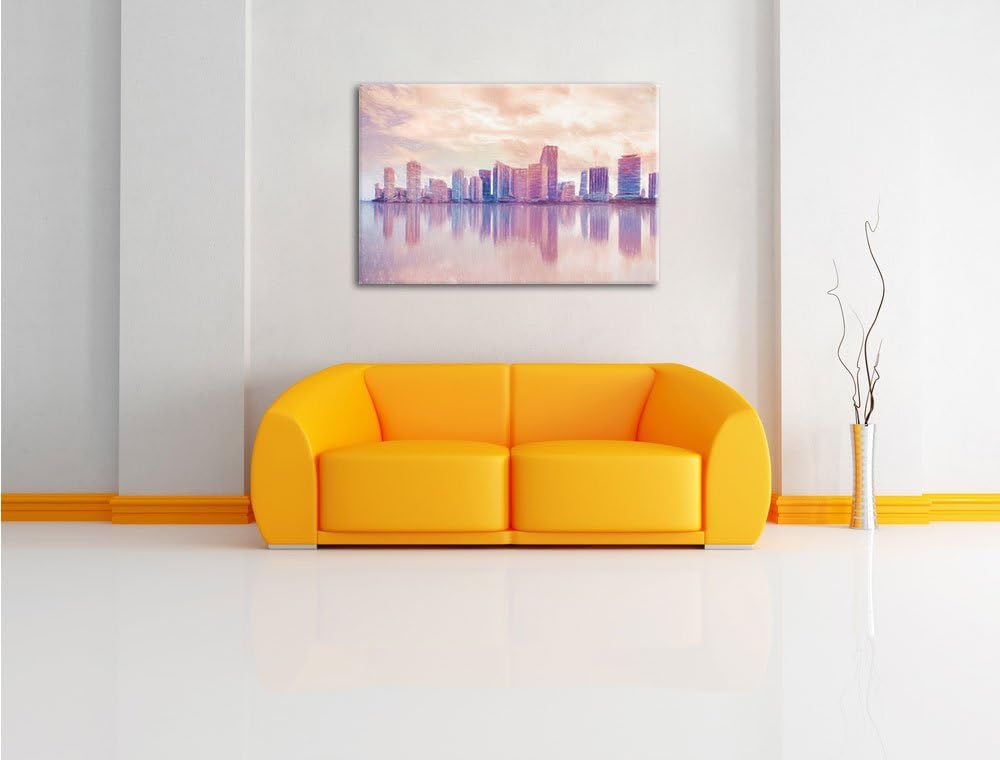 Pixxprint Miami Florida Skyline / 100x70cm Leinwandbild bespannt auf Holzrahmen/Wandbild Kunstdruck
