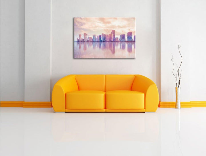 Pixxprint Miami Florida Skyline / 100x70cm Leinwandbild bespannt auf Holzrahmen/Wandbild Kunstdruck