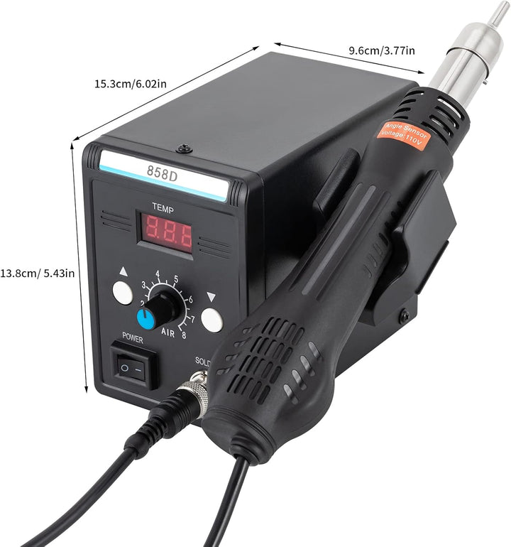 Heissluft-Rework-Station 858D, 700 W, 100–500 °C, LED, 3 Düsen | PID-Regelung, 8 Luftstufen und Wink