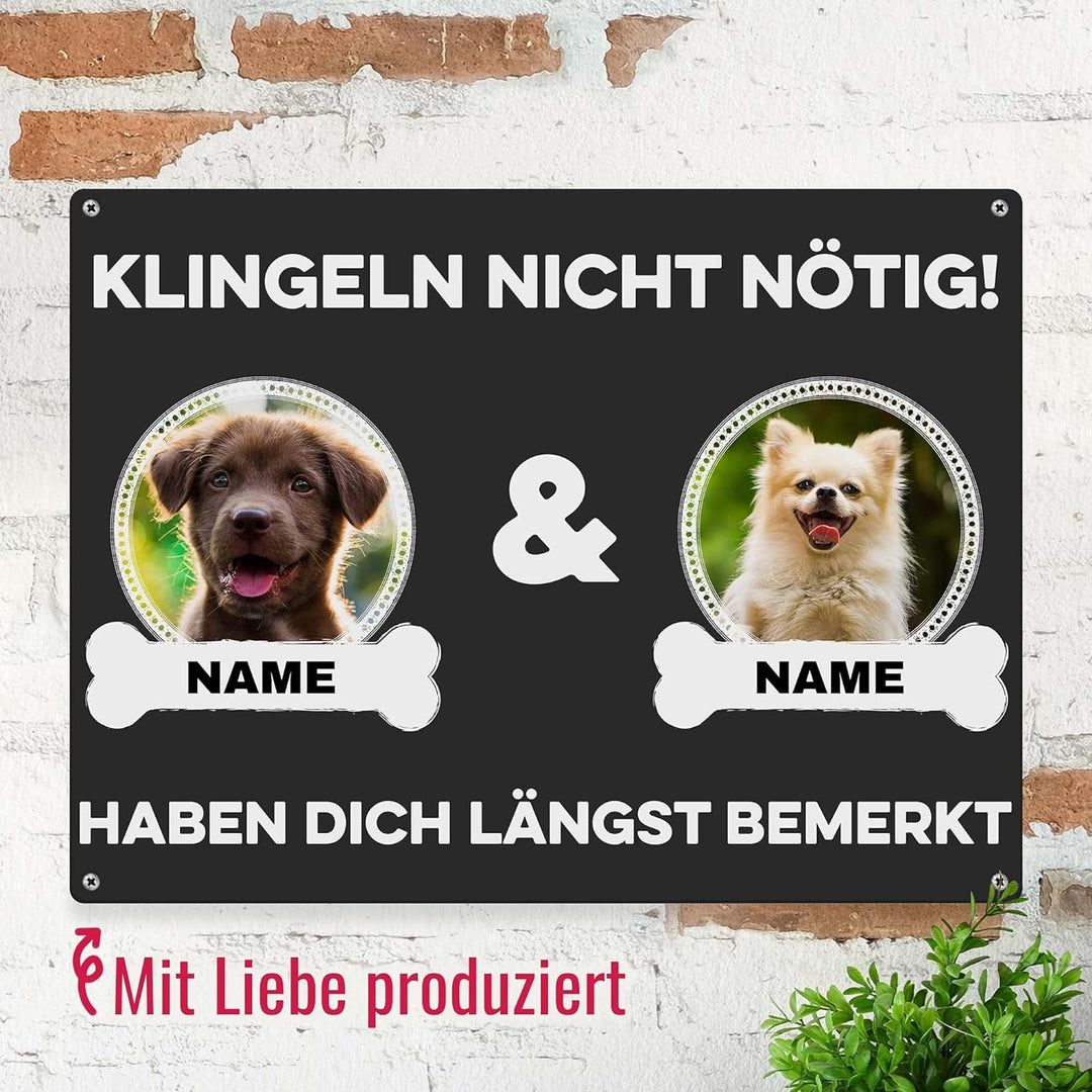 Hunde Schild personalisiert - Klingeln nicht nötig - Metallschild mit Foto und Name für aussen, wett