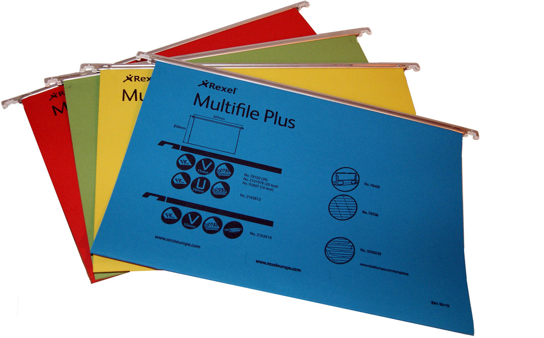 Rexel Multifile Plus Hängeregistermappe, Foolscap, V-Boden, 15 mm, 20 Stück, farblich sortiert