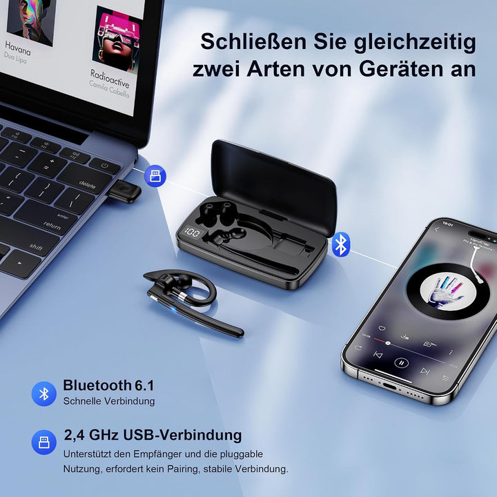 Headset mit Mikrofon USB Bluetooth 6.1 Freisprech Headset In Ear Kopfhörer | CVC8.0 Noise Cancelling