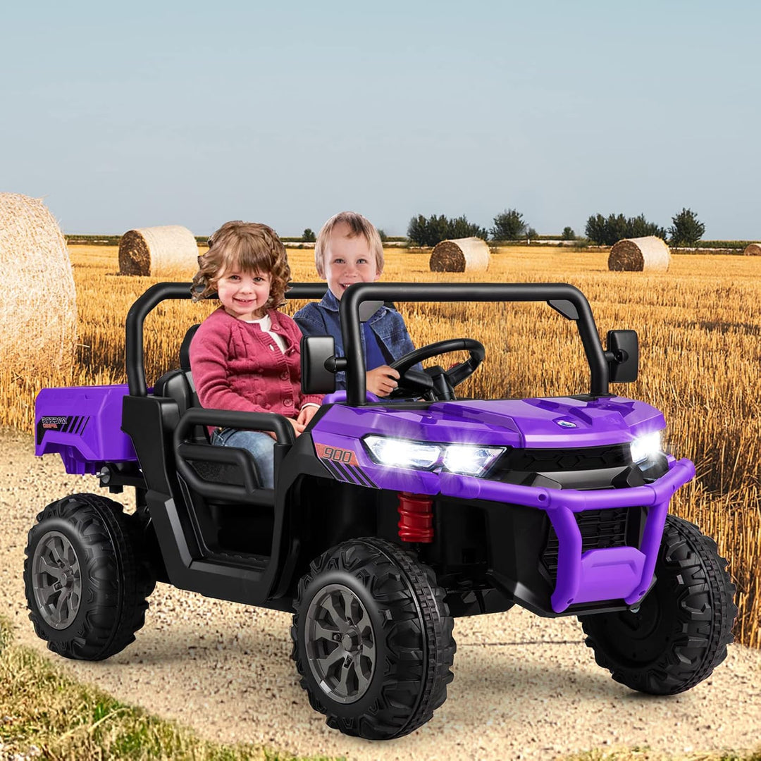 GOPLUS Kinder Elektroauto, 2-Sitzer Kinderauto mit Kippbett &amp; Schaufel, Fernbedienung, Musik, Schein